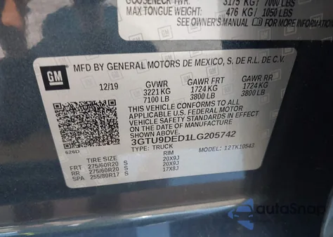 2020 GMC Sierra 1500 4Wd Short Box Slt z USA, uszkodzony, nr VIN 3GTU9DED1LG205742